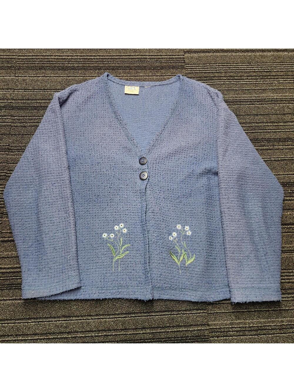 Vintage USA Made Embroidered Floral Cardigan Sweater Womens Blue Cottagecore